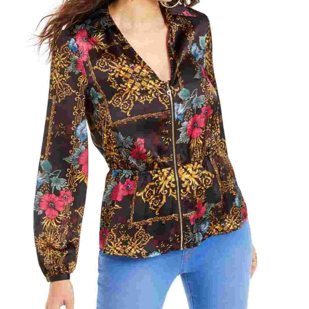 Thalia Sodi Women's Printed Zip Peplum Top Black Size Extra Small